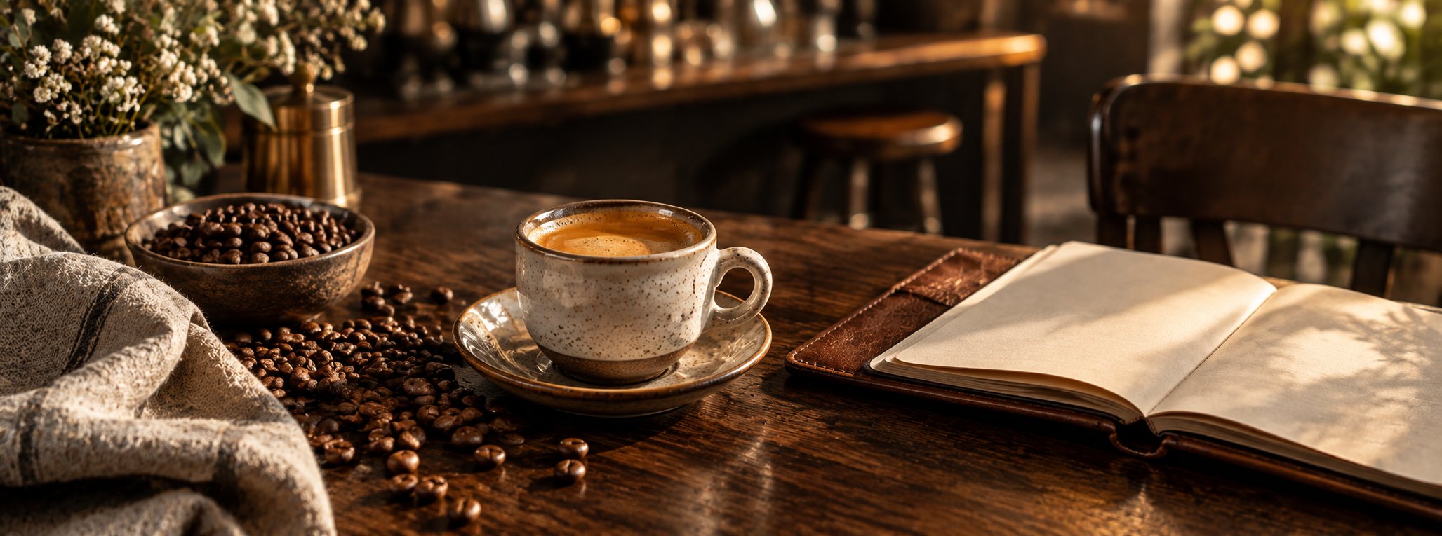 Espresso, coffee notebook, and roasted beans on a dark table