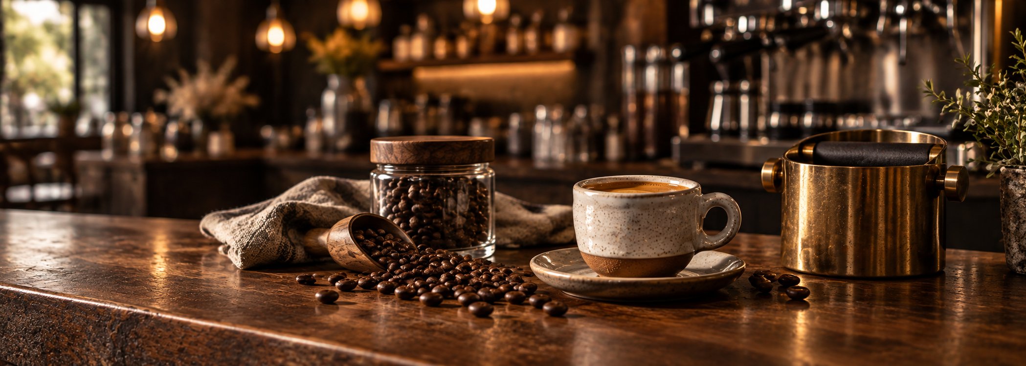 Espresso beside a brass knock box in a café