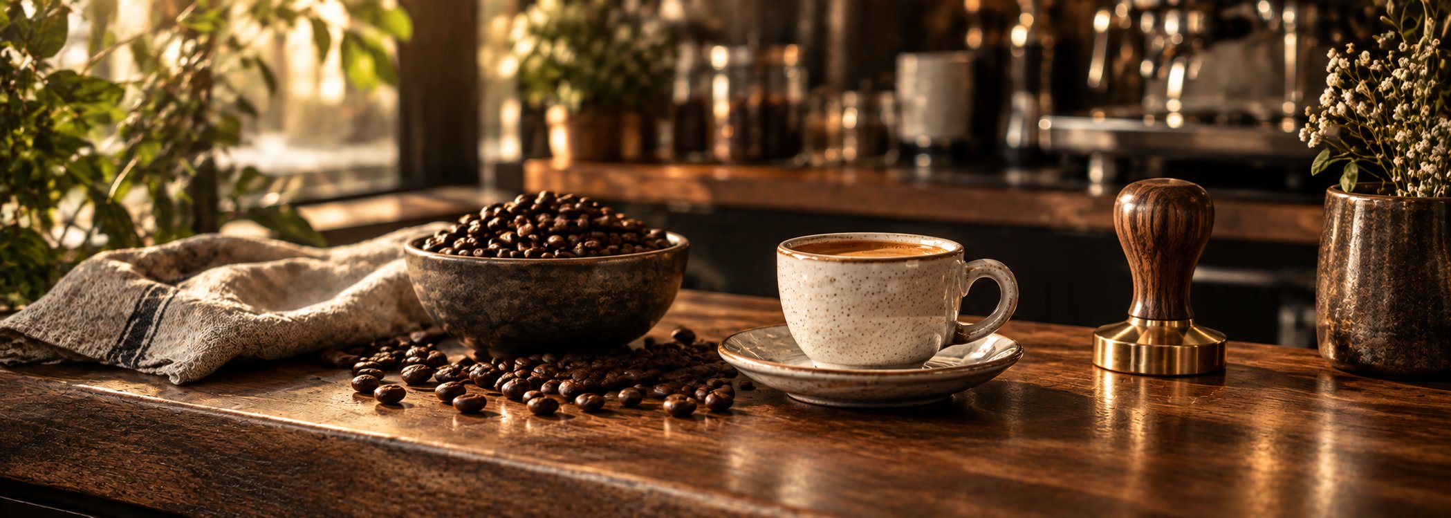 Espresso, beans, and wooden tamper in warm café light