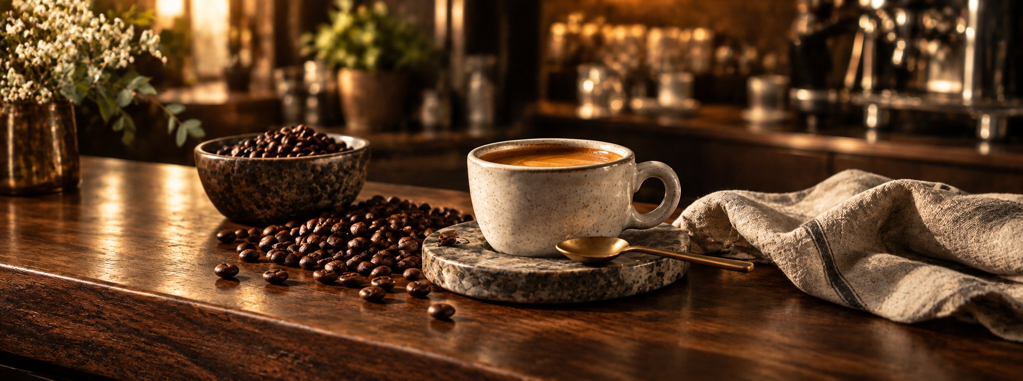 Cream espresso cup on a stone saucer with brass spoon