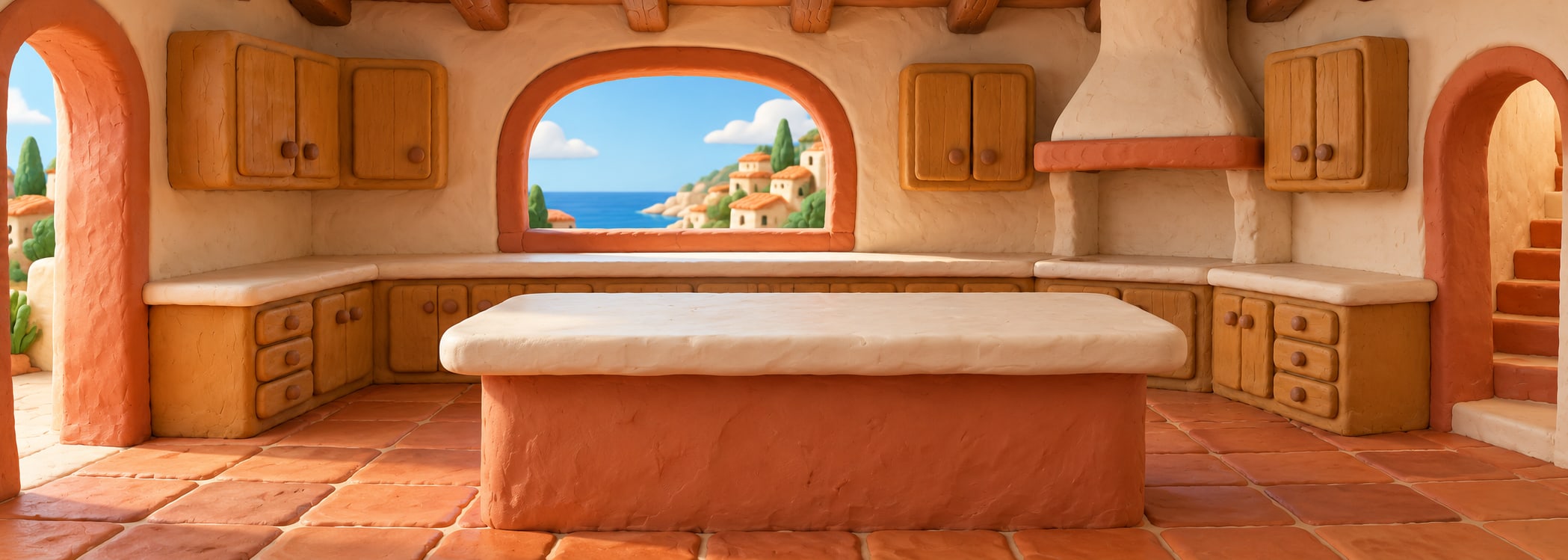 Sunlit Mediterranean kitchen in clay 3d style