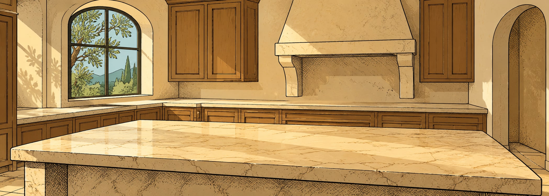 Sunlit Mediterranean kitchen in comics style