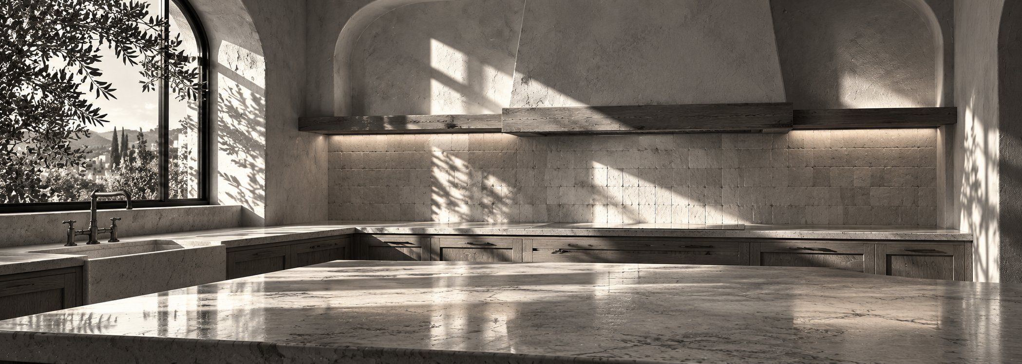 Sunlit Mediterranean kitchen in film noir style