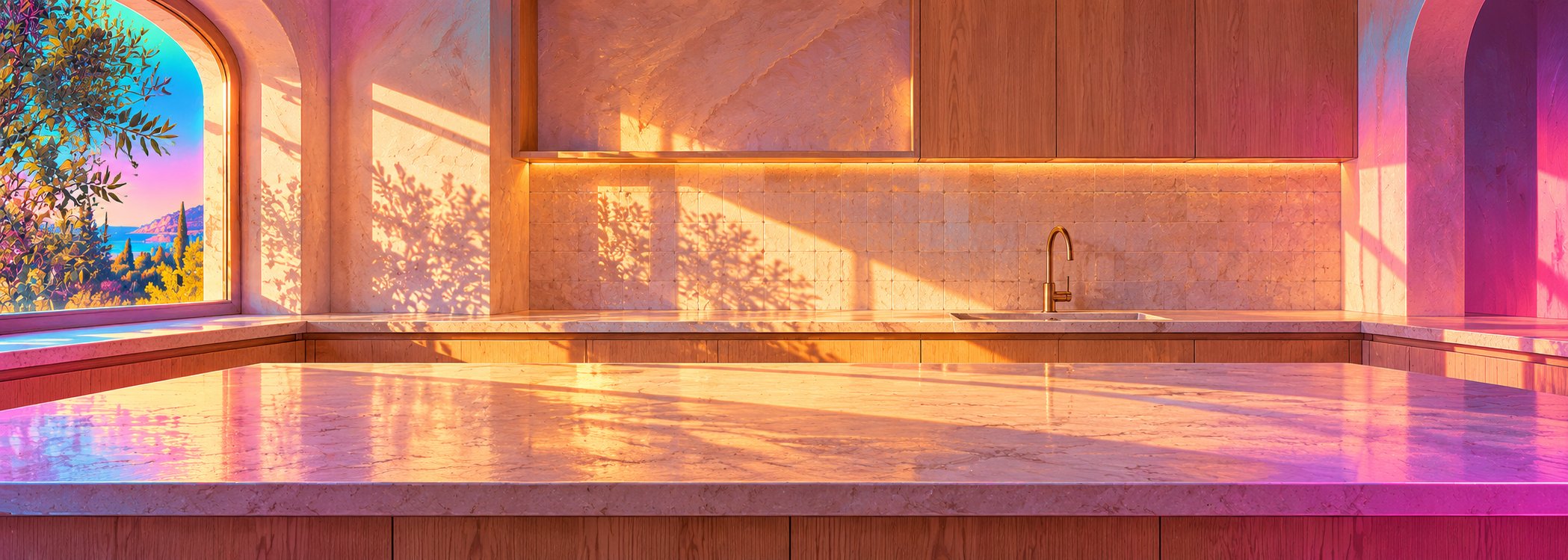 Sunlit Mediterranean kitchen in neon synthwave style