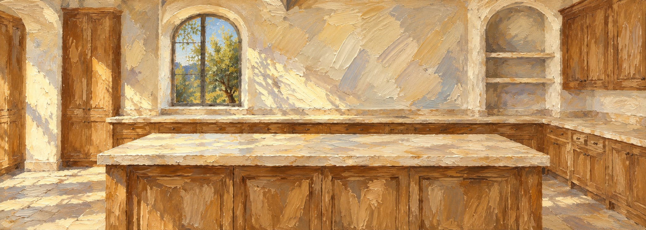 Sunlit Mediterranean kitchen in oil painting style