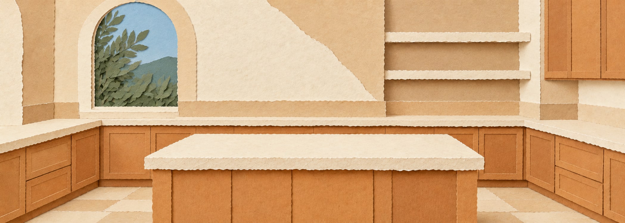 Sunlit Mediterranean kitchen in paper collage style