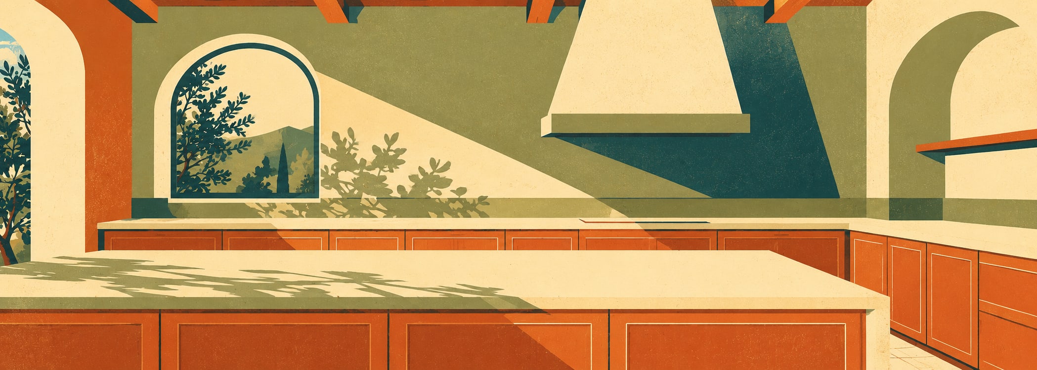 Sunlit Mediterranean kitchen in retro poster style