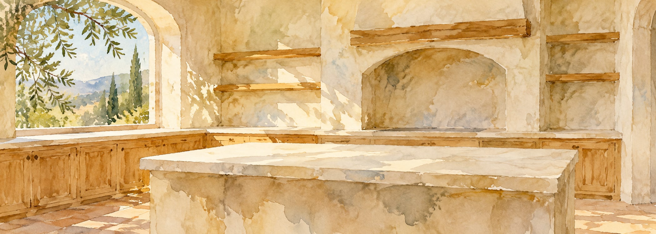 Sunlit Mediterranean kitchen in watercolor style