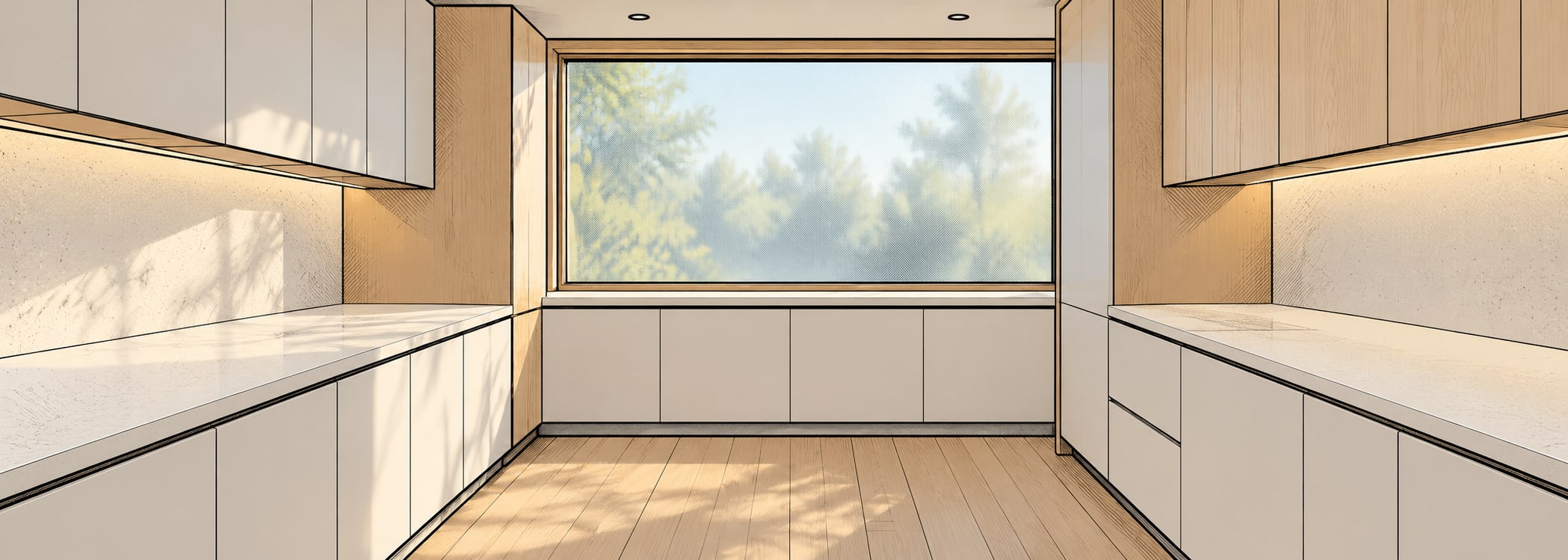 Nordic oak galley kitchen in comics style