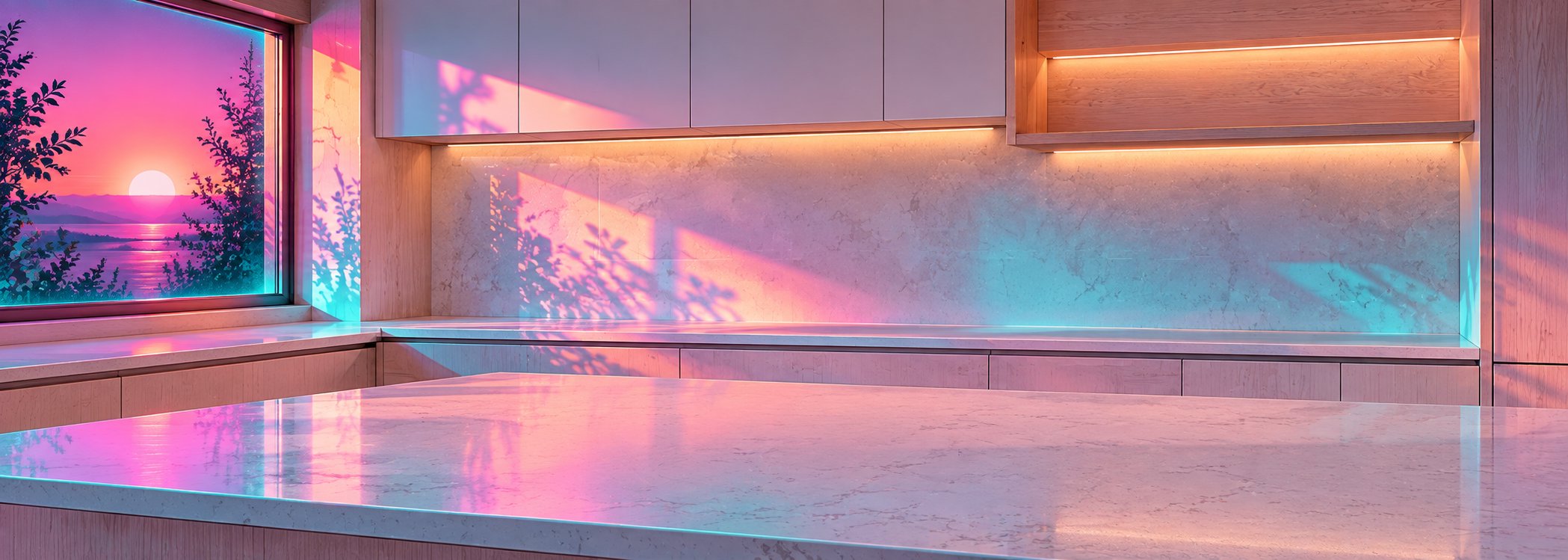 Nordic oak galley kitchen in neon synthwave style