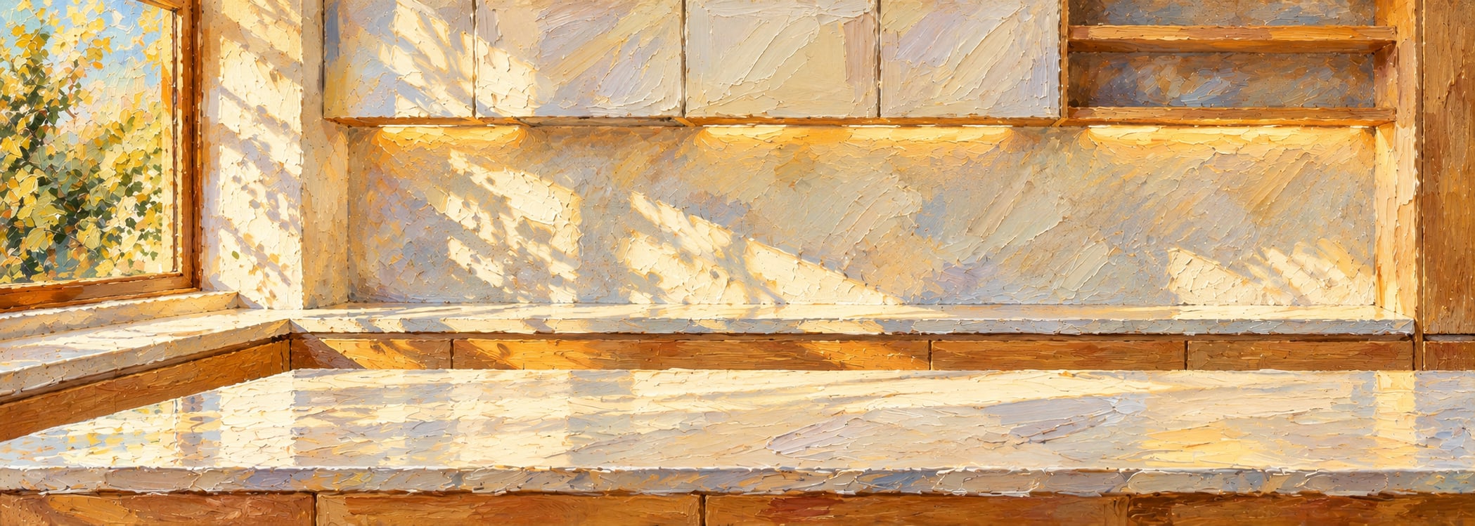 Nordic oak galley kitchen in oil painting style