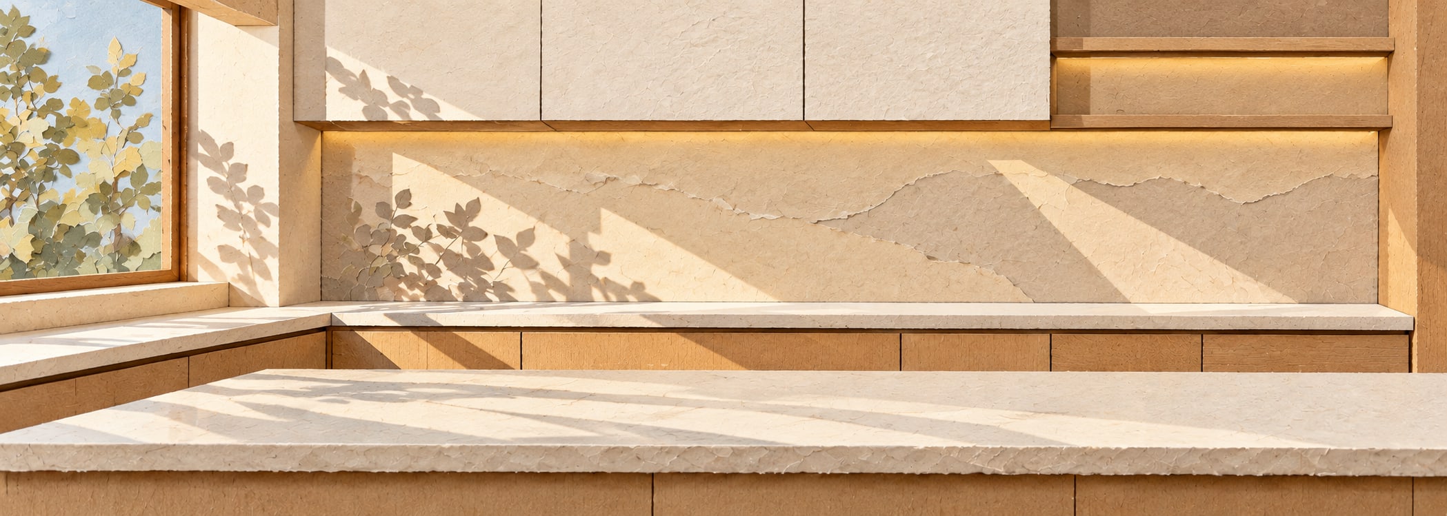 Nordic oak galley kitchen in paper collage style