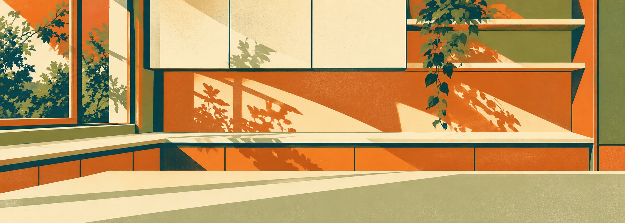 Nordic oak galley kitchen in retro poster style