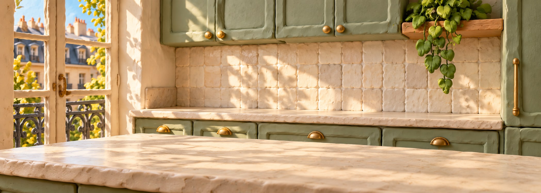 Parisian sage apartment kitchen in clay 3d style