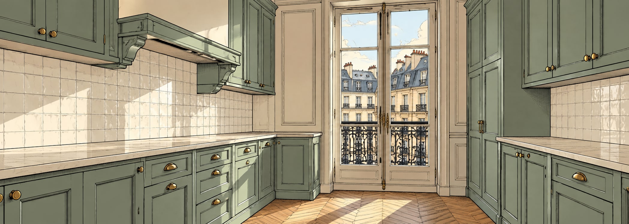 Parisian sage apartment kitchen in comics style