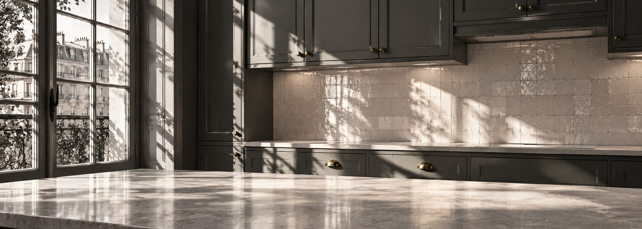 Parisian sage apartment kitchen in film noir style