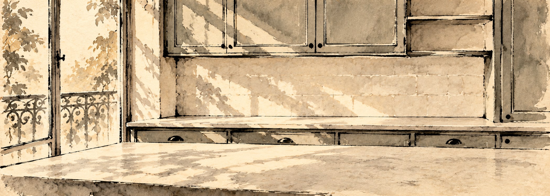 Parisian sage apartment kitchen in japanese ink style