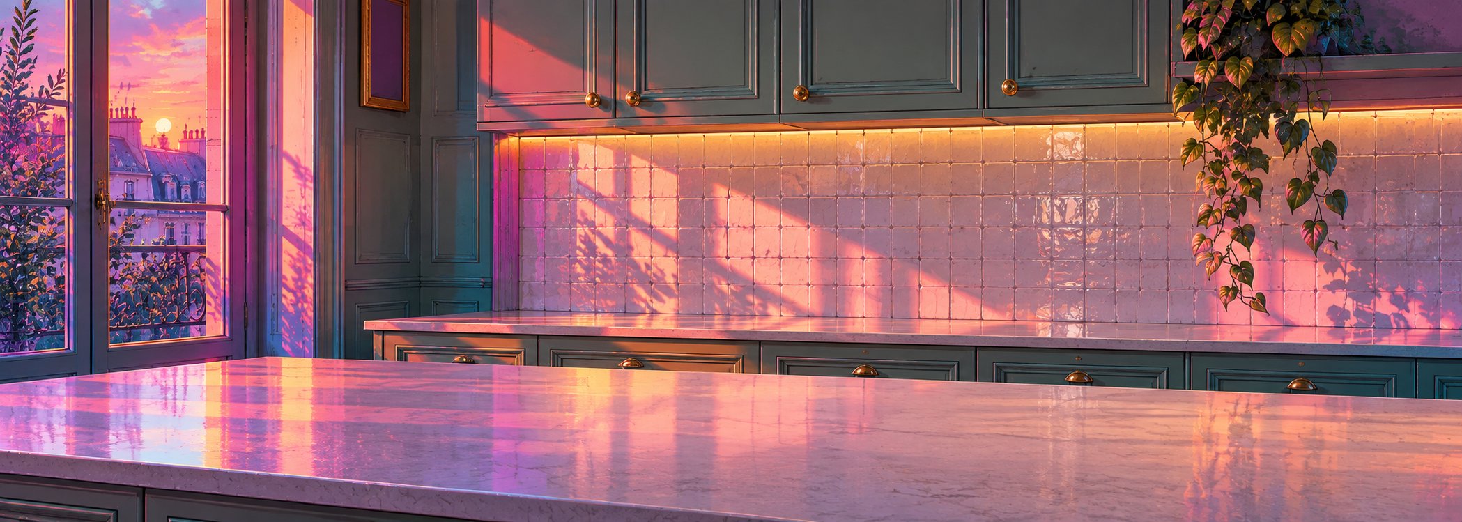 Parisian sage apartment kitchen in neon synthwave style