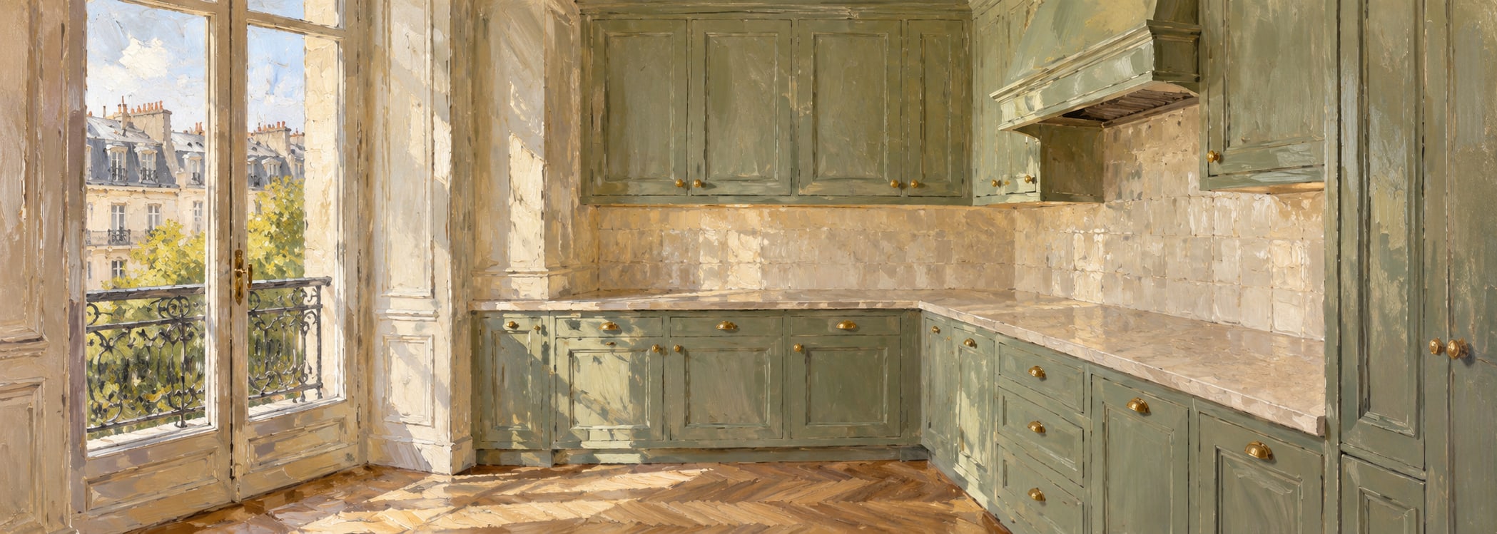Parisian sage apartment kitchen in oil painting style