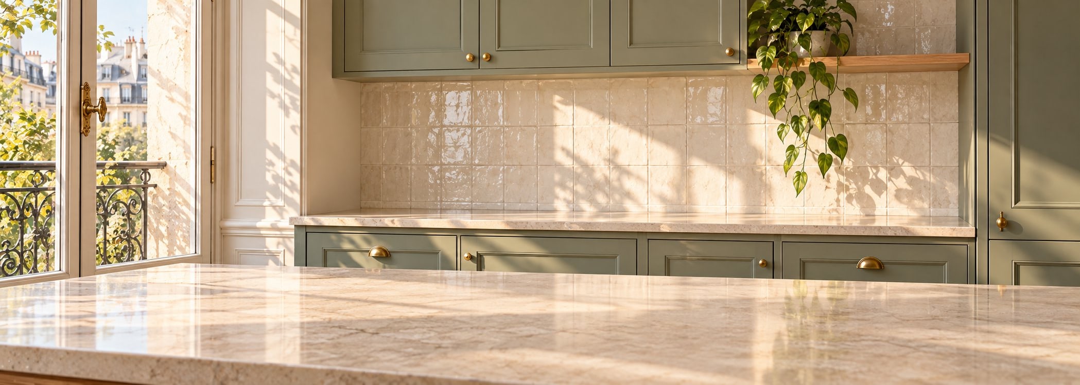 Parisian sage apartment kitchen in realistic style