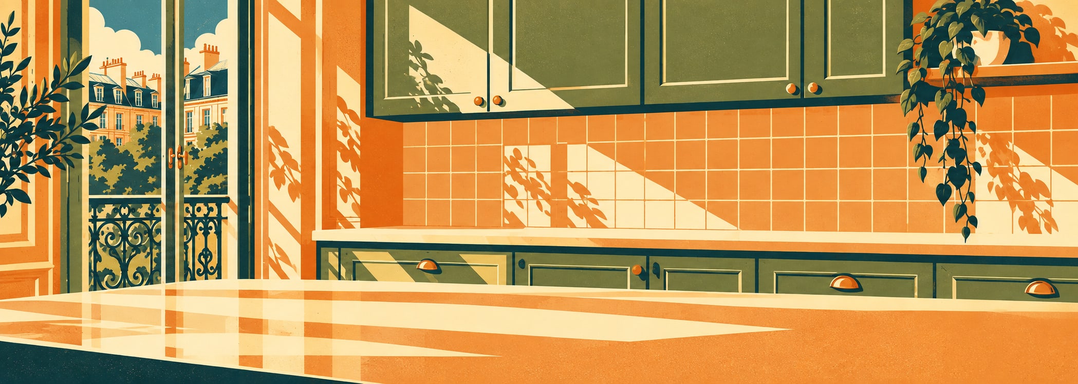 Parisian sage apartment kitchen in retro poster style