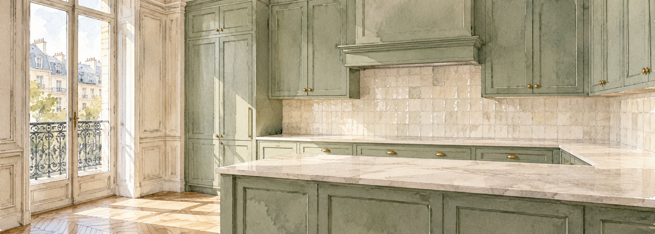 Parisian sage apartment kitchen in watercolor style