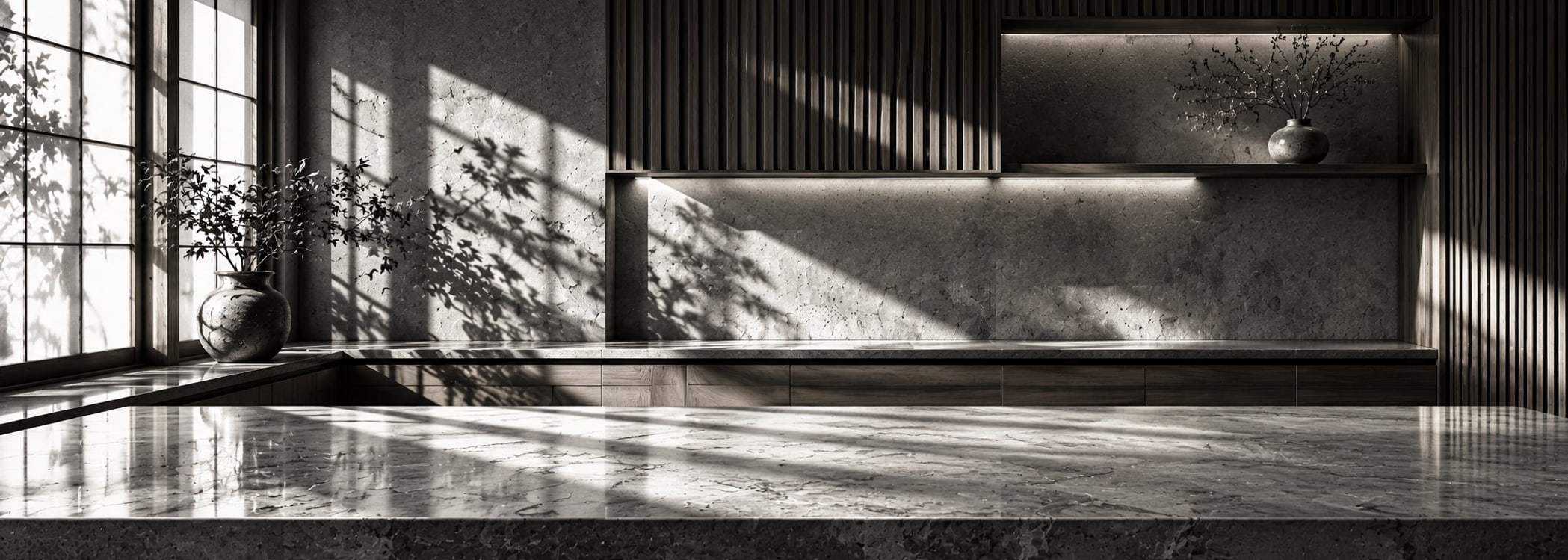 Japanese wabi-sabi kitchen in film noir style