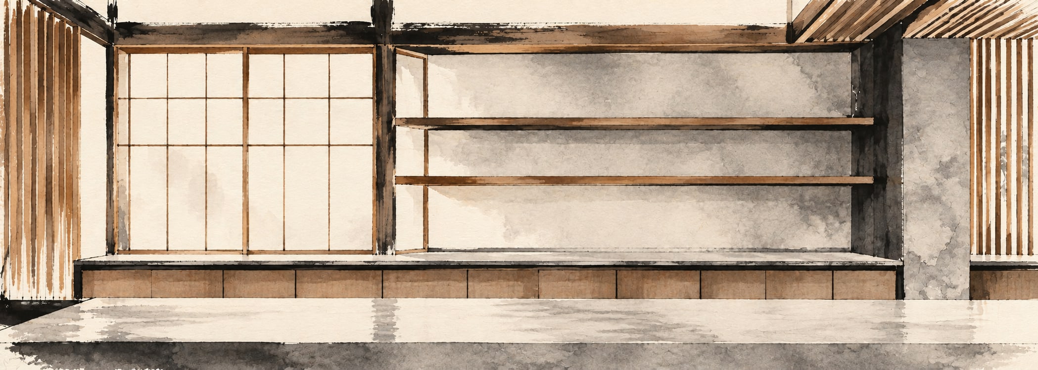 Japanese wabi-sabi kitchen in japanese ink style