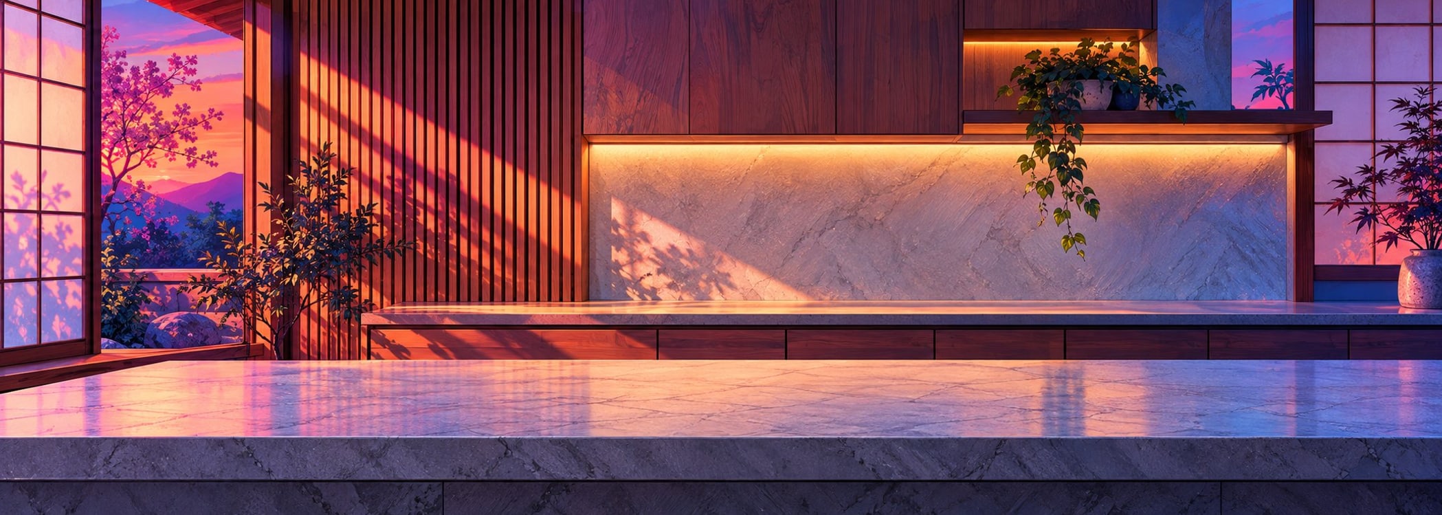 Japanese wabi-sabi kitchen in neon synthwave style