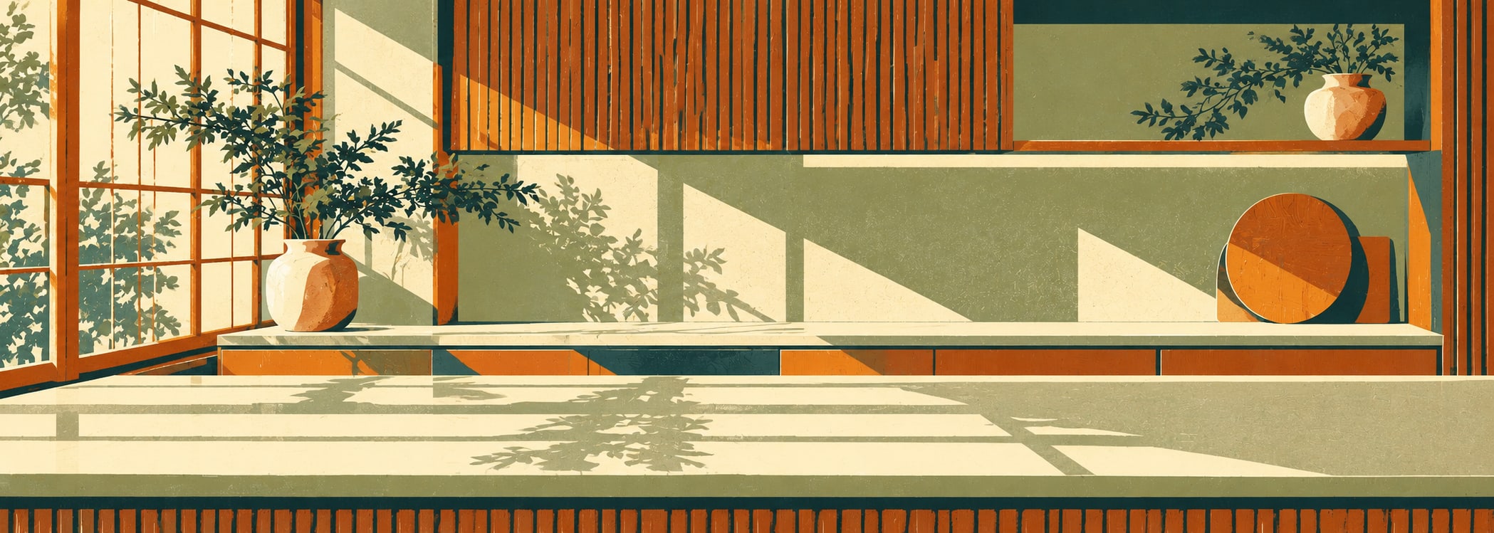 Japanese wabi-sabi kitchen in retro poster style