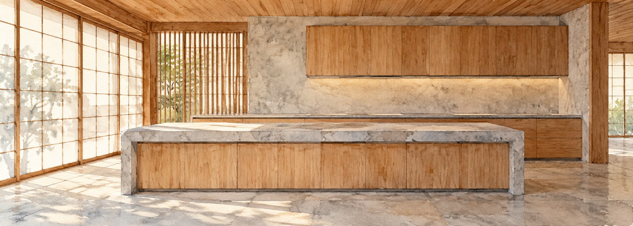 Japanese wabi-sabi kitchen in watercolor style