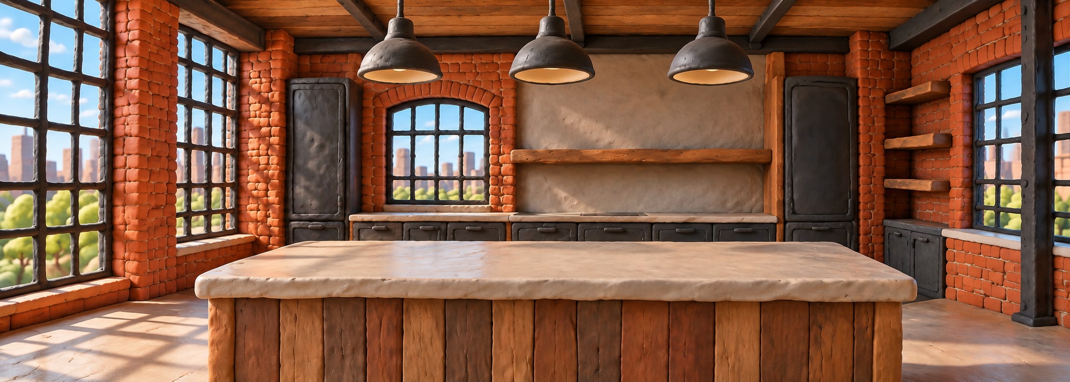 Industrial loft kitchen in clay 3d style