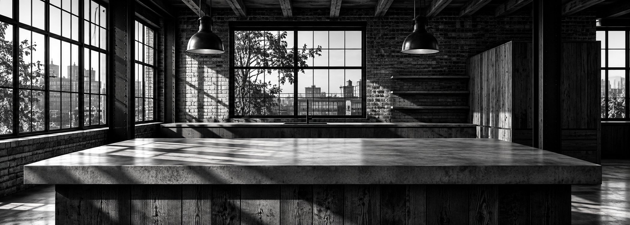 Industrial loft kitchen in film noir style