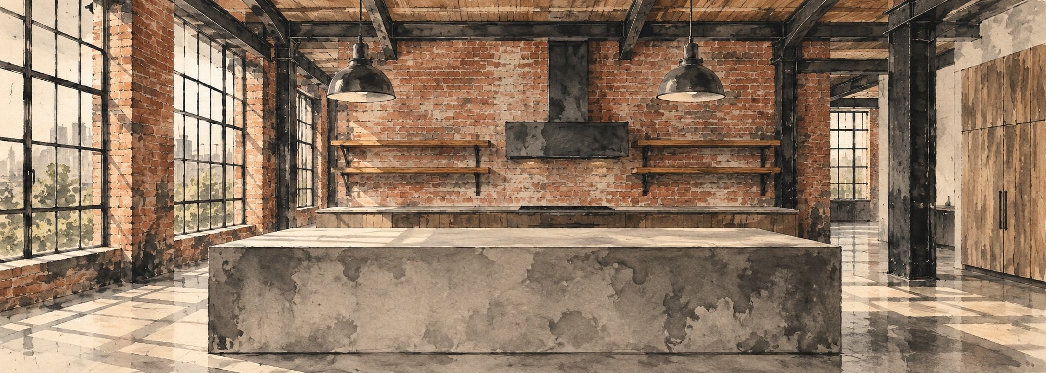 Industrial loft kitchen in japanese ink style