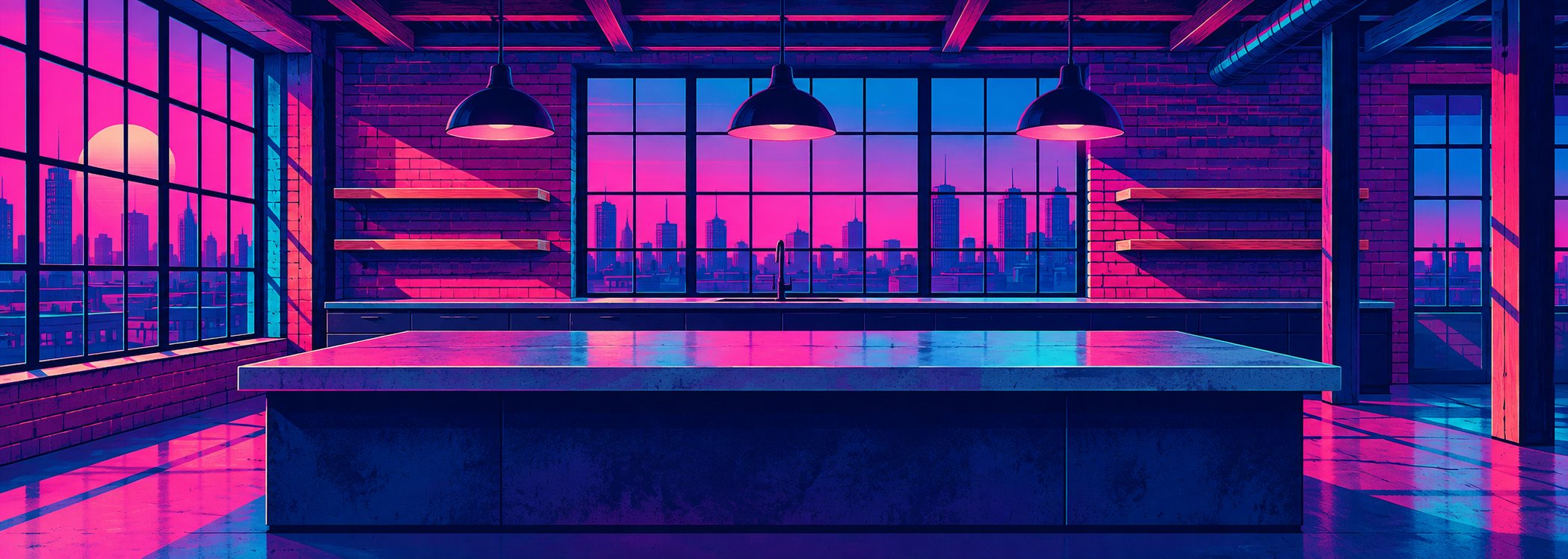 Industrial loft kitchen in neon synthwave style