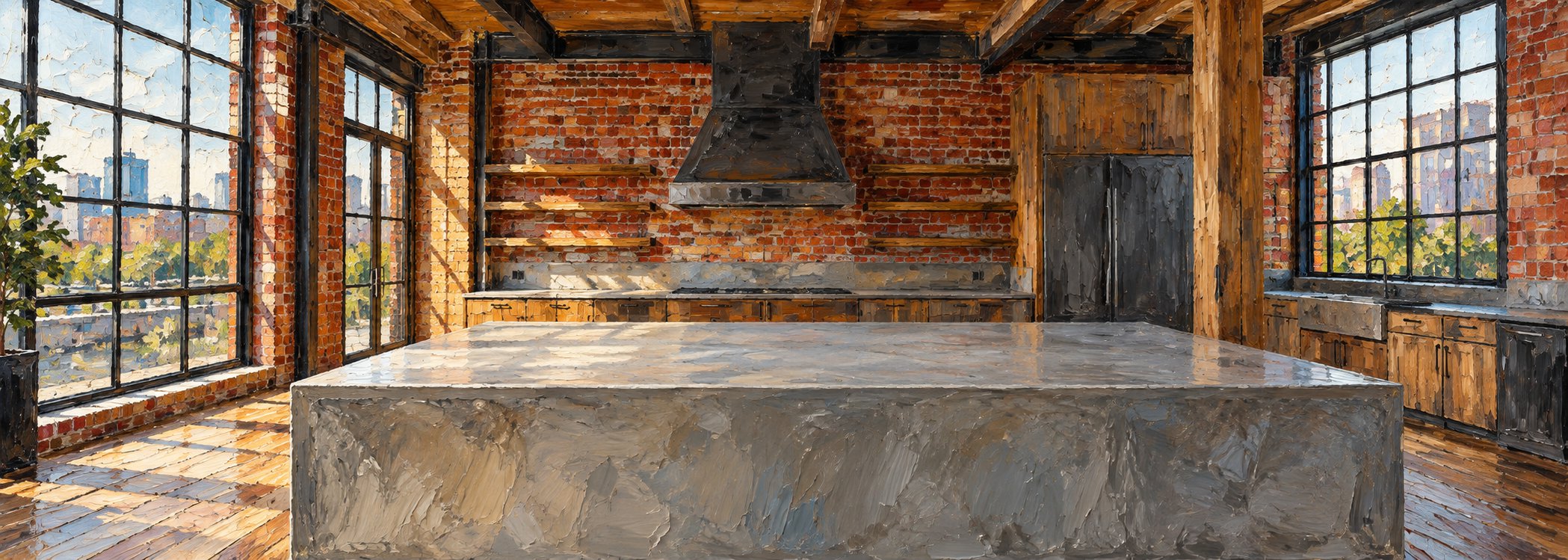 Industrial loft kitchen in oil painting style