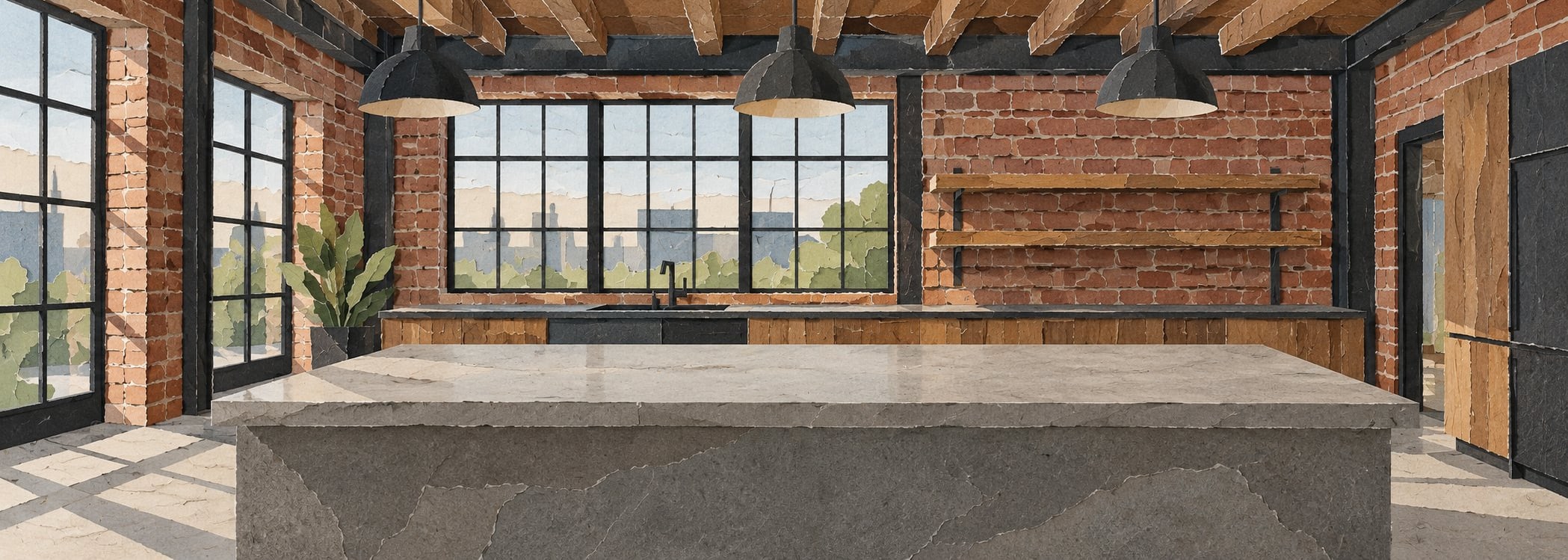 Industrial loft kitchen in paper collage style