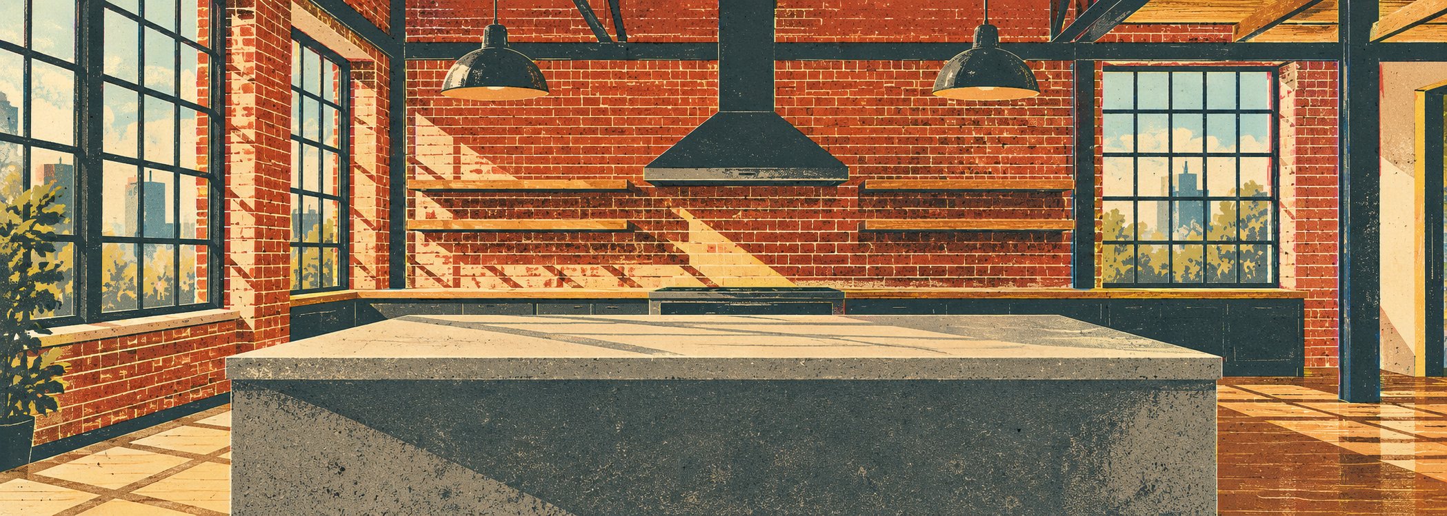 Industrial loft kitchen in retro poster style