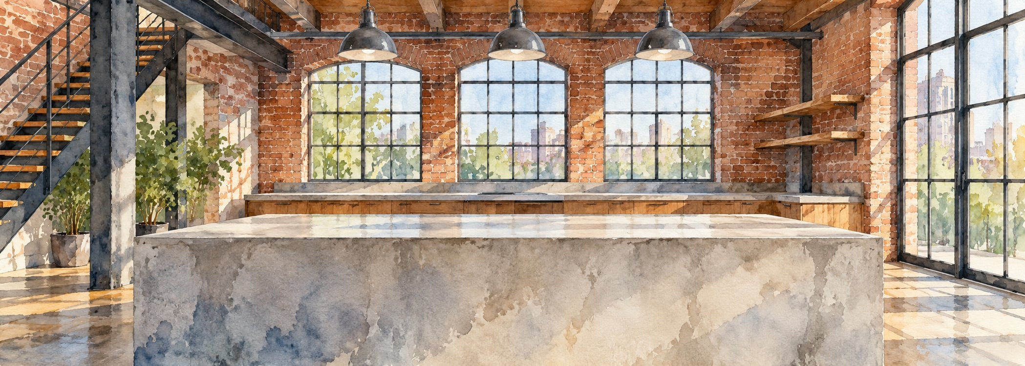 Industrial loft kitchen in watercolor style
