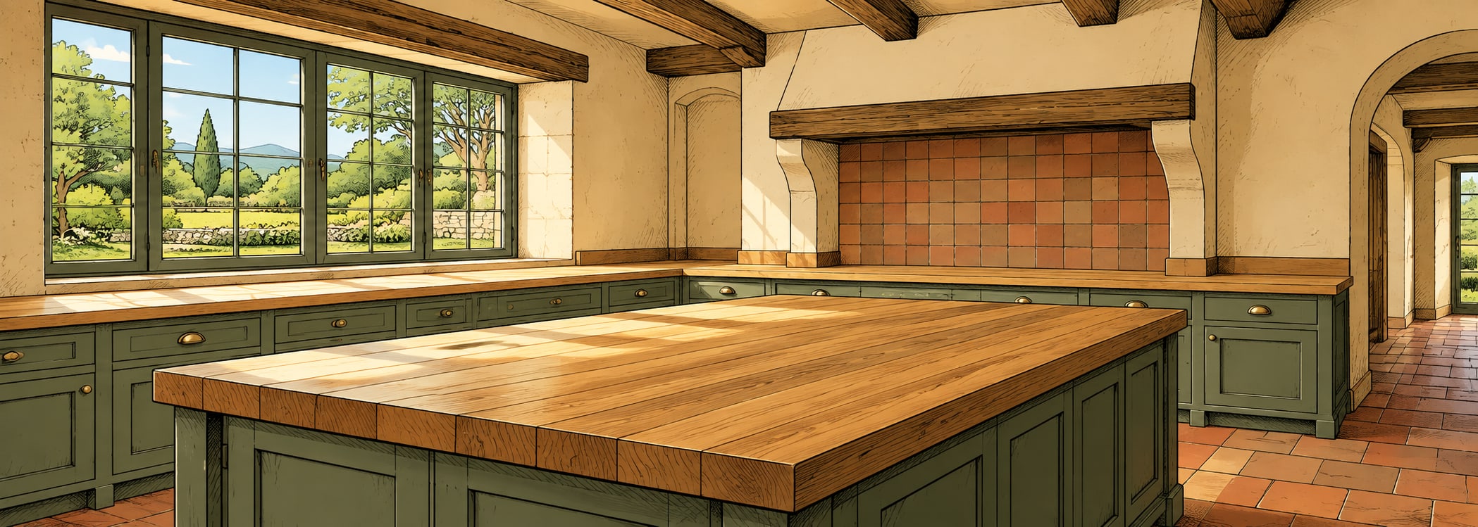 Rustic farmhouse kitchen in comics style