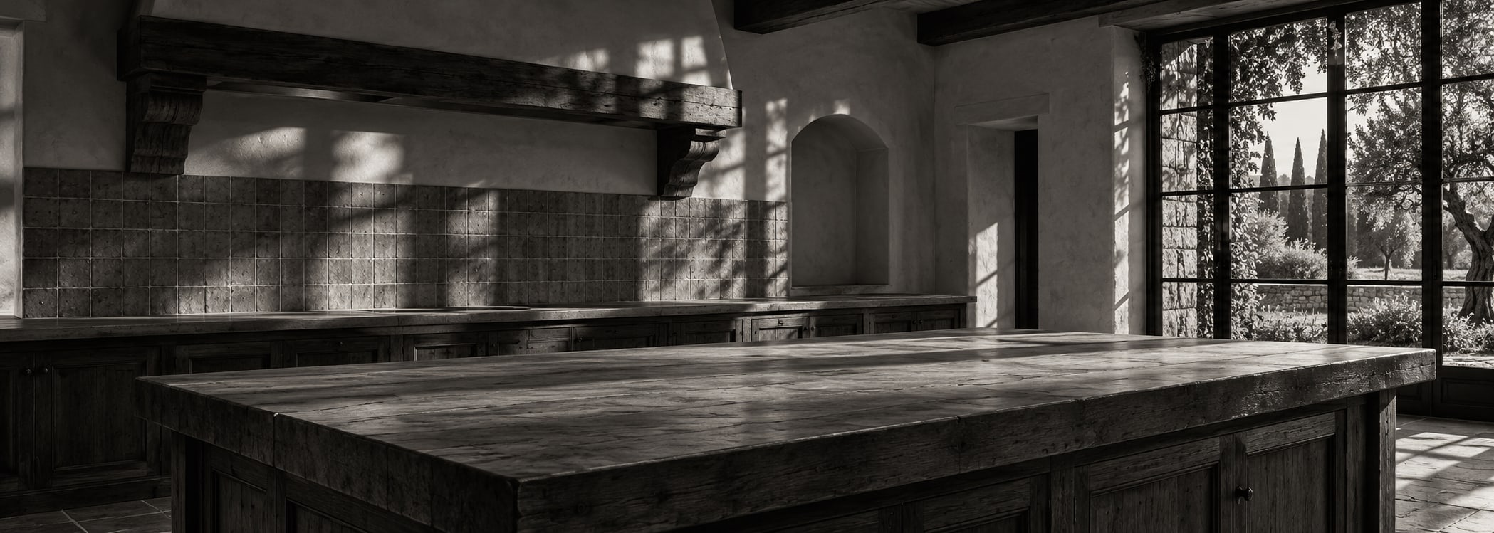 Rustic farmhouse kitchen in film noir style
