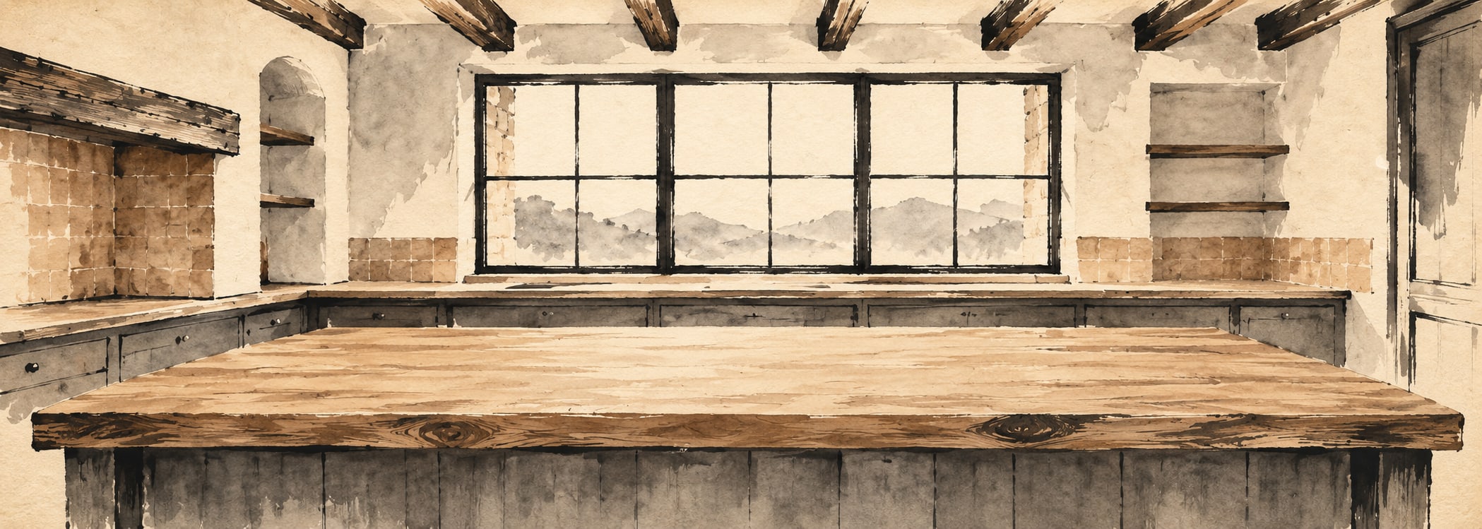 Rustic farmhouse kitchen in japanese ink style