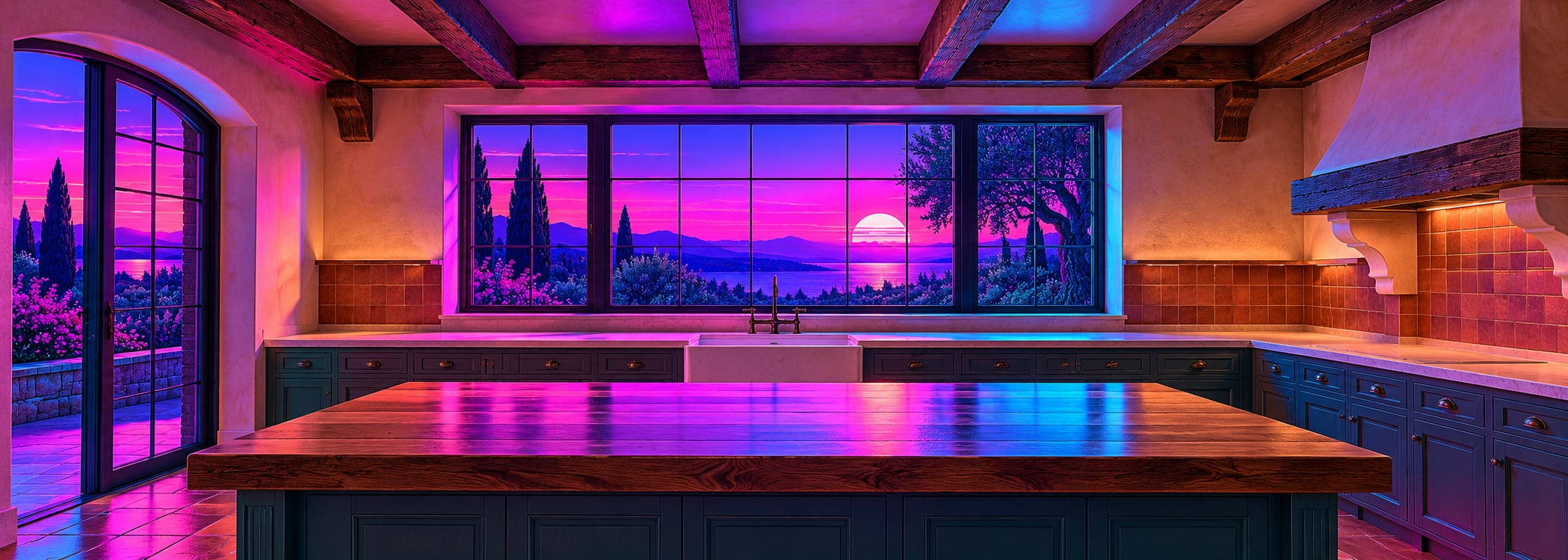 Rustic farmhouse kitchen in neon synthwave style
