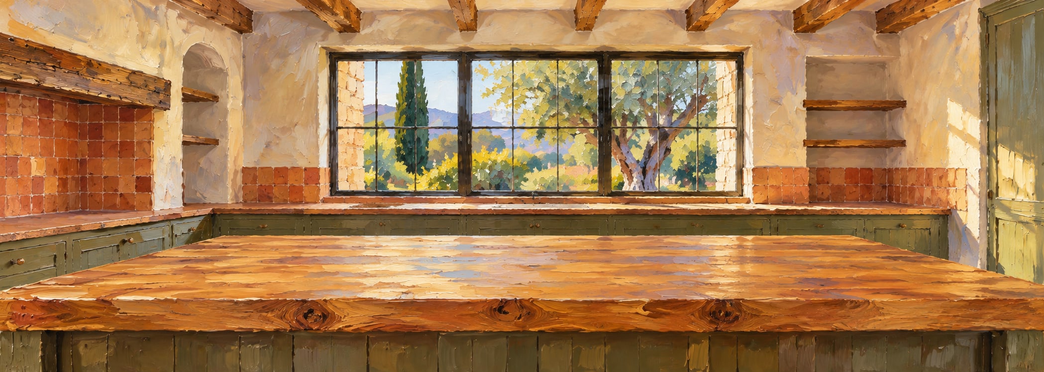 Rustic farmhouse kitchen in oil painting style