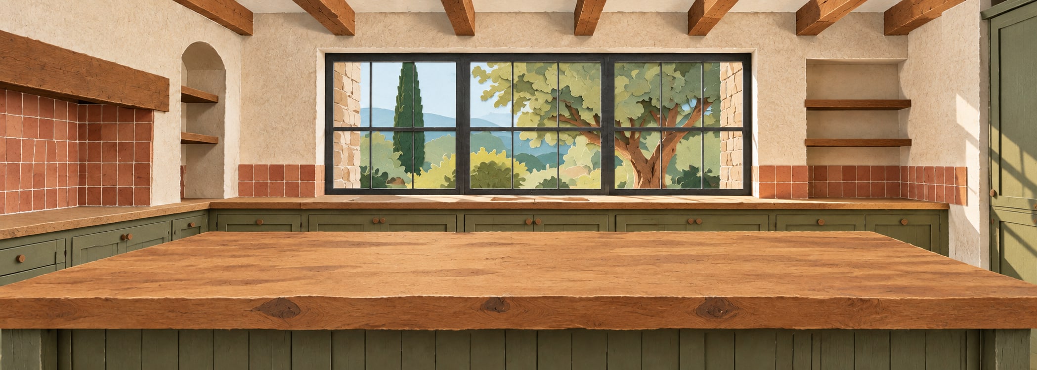 Rustic farmhouse kitchen in paper collage style