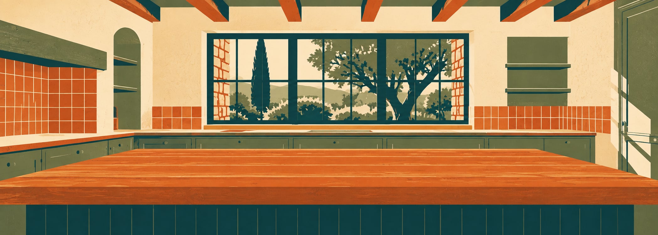 Rustic farmhouse kitchen in retro poster style