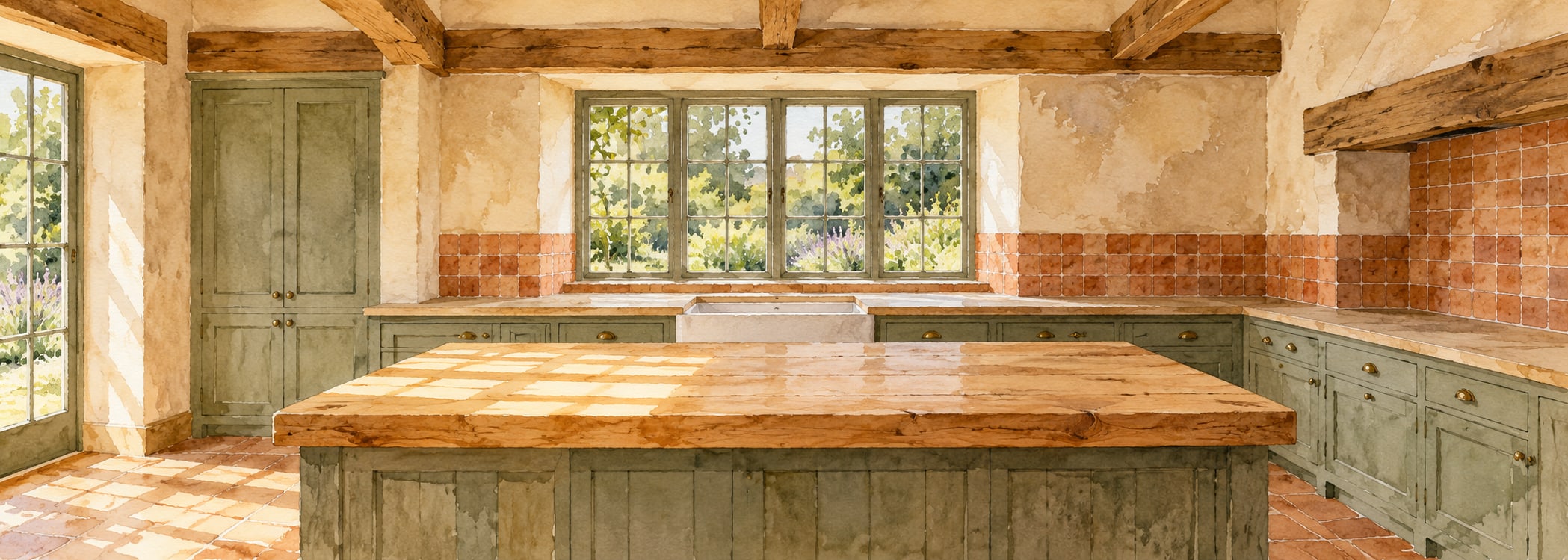 Rustic farmhouse kitchen in watercolor style