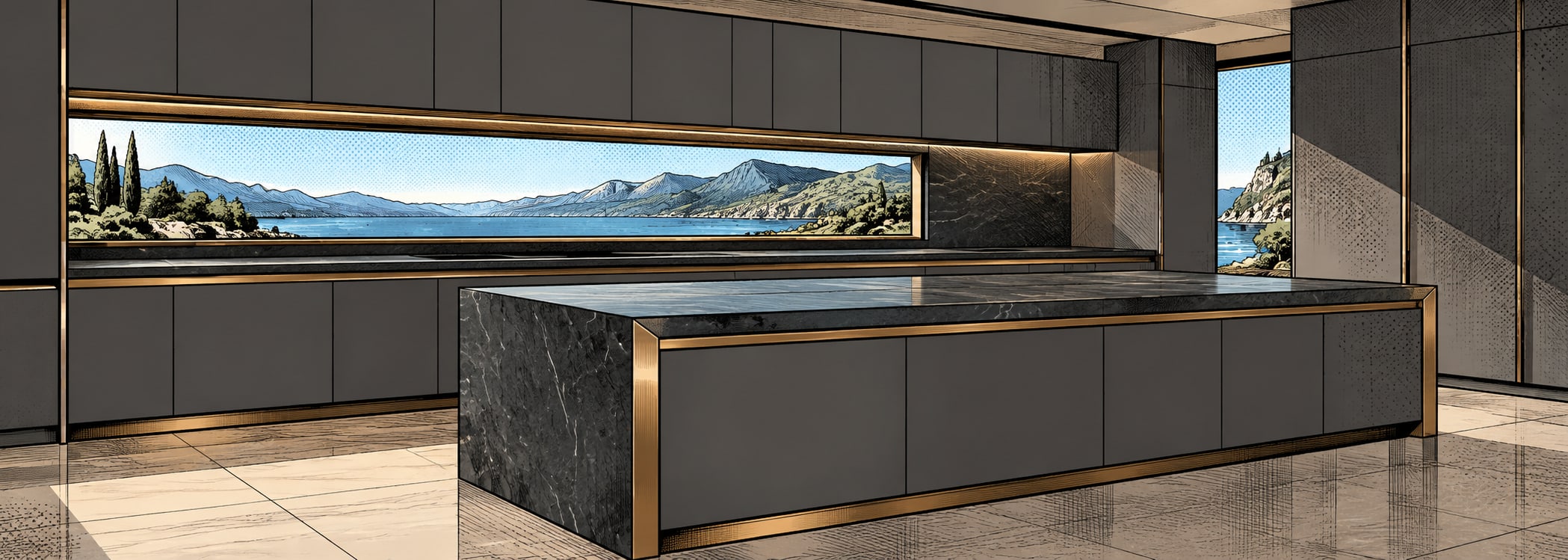 Modern charcoal stone kitchen in comics style