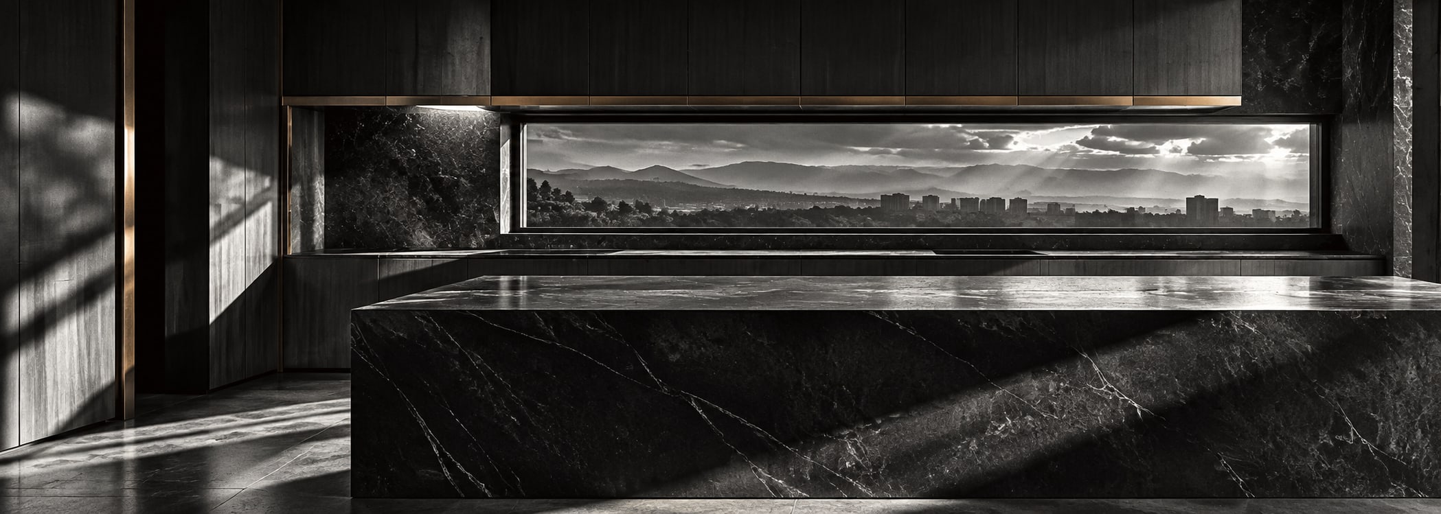 Modern charcoal stone kitchen in film noir style