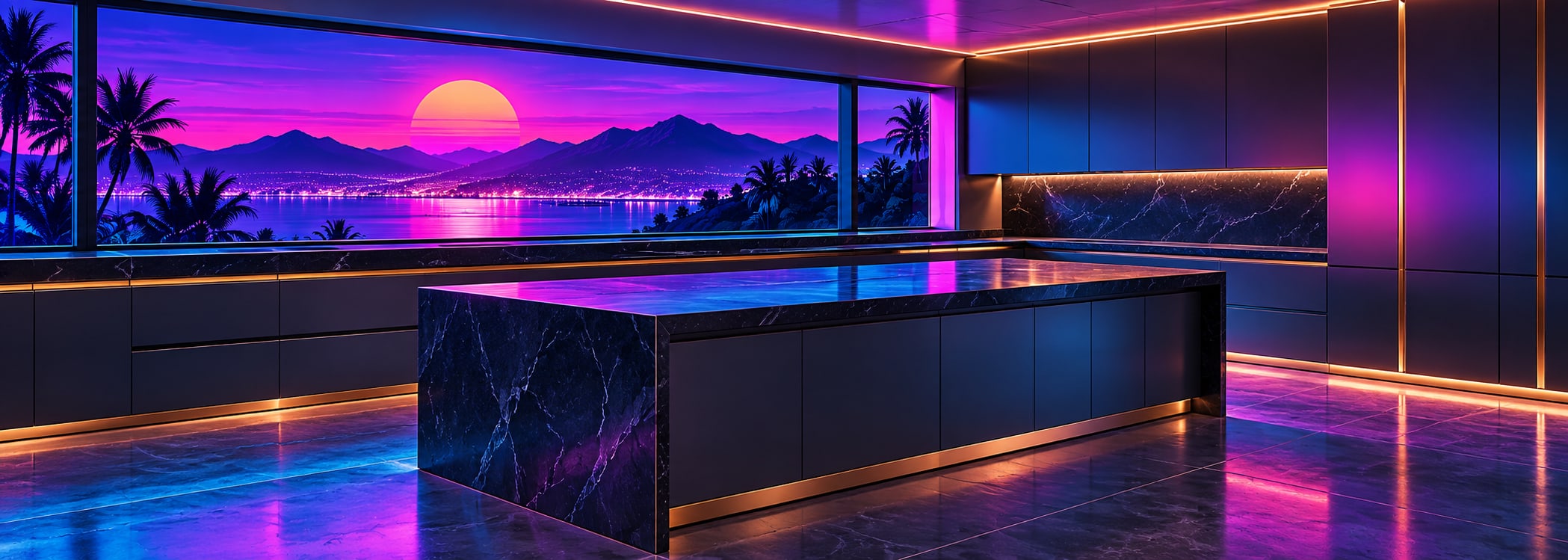Modern charcoal stone kitchen in neon synthwave style